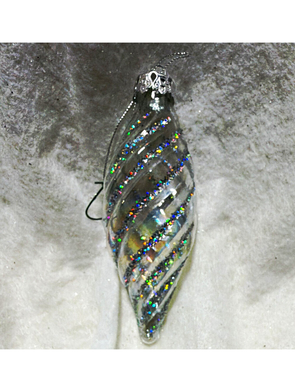 Clear/Silver Christmas Teardrop Glass Hanging Ornament, Swirl Glitter, 1